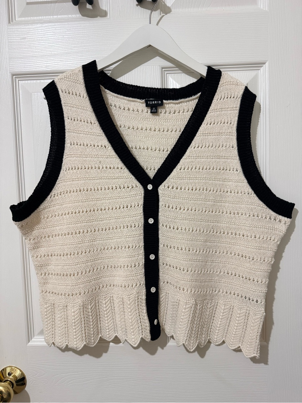 torrid Cream Knit Button Vest with Black Trim